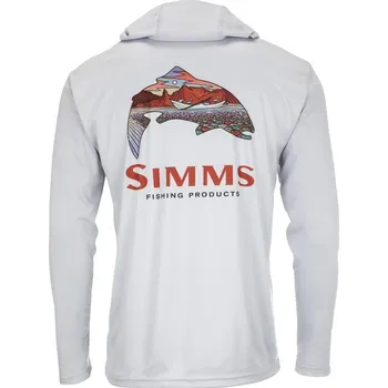 Rybářské oblečení Simms Tričko Tech Hoody Artist Series Trout Logo Flame Sterling Velikost: XXL (US) XXXL (EU)