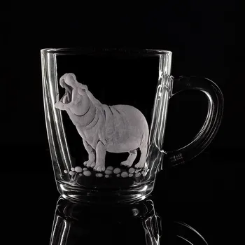 Sklenice Hrníček na čaj 300ml s rytinou - hroch - ručně ryté (broušené) dárková krabička