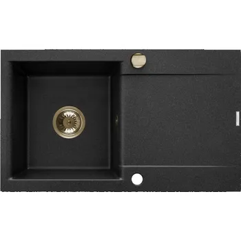 Granitový dřez Invena Tesalia, 1-komorový granitový dřez s odkapávačem 760x440x160 mm + zlatý automatický sifon, INV-AZ-01-Z43-B