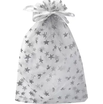 Vánoční dekorace Pytlík organzový bílý s hvězdami s glitrem 26 x 35 cm 6015