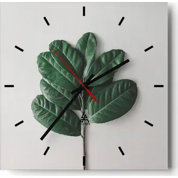 Hodiny Velké nástěnné hodiny na zeď 40x40 Listy Skleněné hodiny Čtvercové Tiché