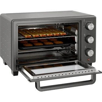 Vestavná trouba HOMCOM Mini trouba 21L 1400W 60 min. časovač, malá trouba s nastavitelnou dobou pečení 100 °C-230 °C, mini trouba s pečicím plechem, drátěný rošt, nerezová stolní trouba, šedá barva