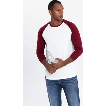 Pánská móda Pánské tričko s dlouhým rukávem a kontrastními raglánovými rukávy - bílé a bordó V2 OM-LSCL-0105 - XXL