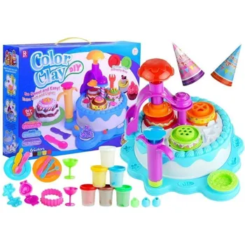 kreativní sada LEAN Toys Narozeninová sada Playdough - 6 barev + příslušenství. Tato sada obsahuje 6 hrnků hracího těsta v různých barvách, velkou základnu ve tvaru dortu, talíře, příbory, odšťavňovač s výměnnými hroty, 2 narozeninové čepice a návod k použití. Hrací těs