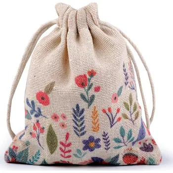 Dárkový pytlík jarní 10x13 cm lněný s květy, barva 1 režná