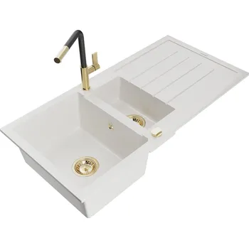 Granitový dřez MEXEN/S - Andres granitový dřez s odkapávačem včetně baterie Flora, bílá 6515-20-670401-57-G