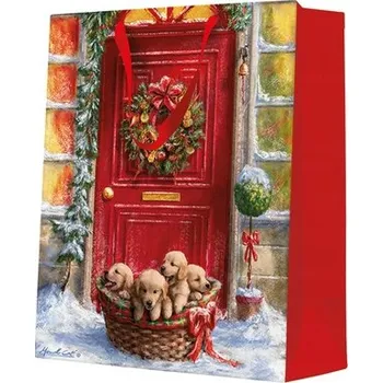 Dárková taška VÁNOČNÍ DÁRKOVÁ TAŠKA KOŠ S PEJSKY DÁRKY 26,5 x 33,5 x 13 CM