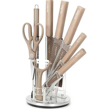 Kuchyňský nůž BestBerg 9dílná sada nožů s otočným stojánkem a nepřilnavým diamantovým povrchem hnědá