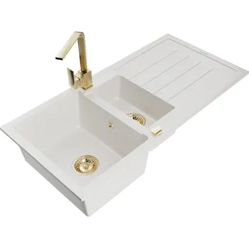 Granitový dřez MEXEN/S - Andres granitový dřez s odkapávačem včetně baterie Rita, bílá 6515-20-670300-50