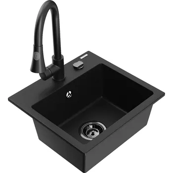Granitový dřez MEXEN/S - Milo granitový dřez 1-miska včetně baterie Elia, černá 6505-77-670101-70-B