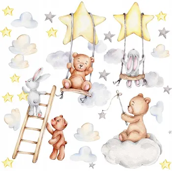 Samolepící dekorace MEDVÍDEK KRÁLÍČEK OBLÁČKY HVĚZDIČKY NÁLEPKY NA ZEĎ 150