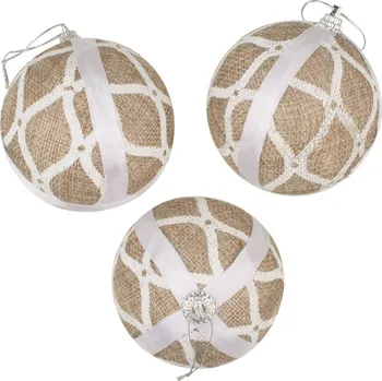 Vánoční dekorace Baňky jutové s bílým dekorem 8 cm 3 kusy