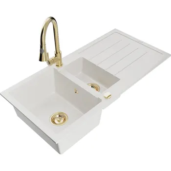 Granitový dřez MEXEN/S - Andres granitový dřez s odkapávačem včetně baterie Elia, bílá 6515-20-670101-50