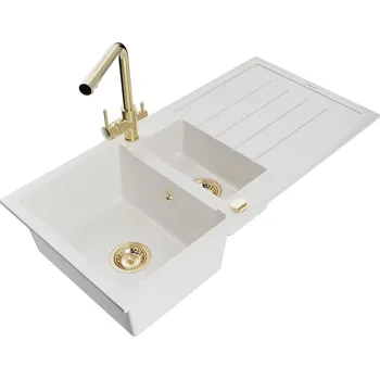 Granitový dřez MEXEN/S - Andres granitový dřez s odkapávačem včetně baterie Duero, bílá 6515-20-671600-50