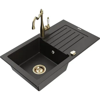 Granitový dřez MEXEN/S - Pablo granitový dřez 1-miska s odkapávačem včetně baterie Carla, černá/zlatá metalik 6510-75-670700-50