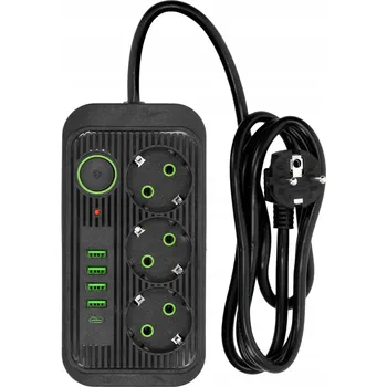 Napájecí kabel Prodlužovací Kabel Černý 1,5m 3 zásuvky + 4x USB-A + USB-C Zásuvková Lišta Vypínač