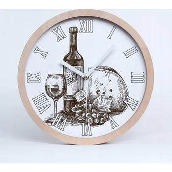 Hodiny Dřevěné nástěnné hodiny víno a chuťovky průměr 25 cm