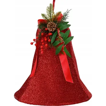 Vánoce ZVONEK Ozdobný červený zvoneček zdobený se třpytkami dekorace 37x40 cm