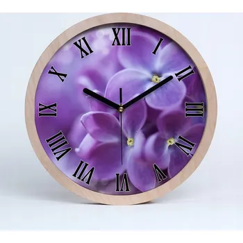 Hodiny Velké dřevěné nástěnné hodiny s motivem květů šeříku, průměr 25 cm