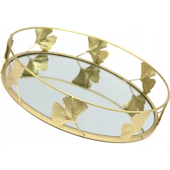 ZLATÝ ZRCADLOVÝ PODNOS 33 cm S LISTY LOTOSU, KULATÝ, GLAMOUR 35