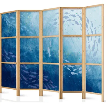 Paraván Japonský paraván - Rybí hejna - Světélkující shluky ryb v modrém mezi oceánskými hlubinami Velikost: 225x172 cm