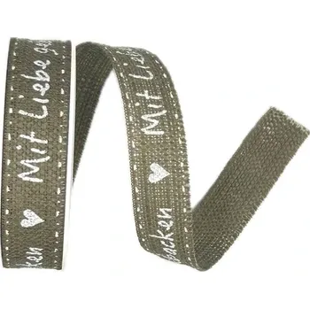 Stuha Stuha potisk Mit Liebe gebacken 15mm x 2,5m (6,-Kč/m) (Stuha bavlněná, barva granitová, bílý potisk)