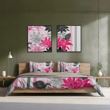 Povlečení Povlečení satén krepovaný 160x200 růžové šedé bílé lilie