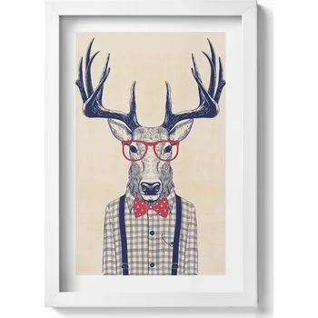 Obraz Stylový obraz v bílém rámu Jelen v košili a jazzové mašličce 20x30 cm
