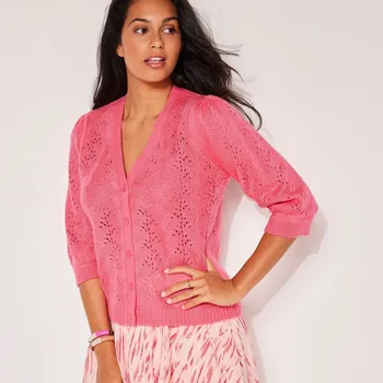 Dámský svetr Ažurový svetr na knoflíky s výstřihem do V růžová 42/44