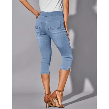 Dámské legíny Strečové 3/4 džegíny v džínovém vzhledu sepraná modrá 42