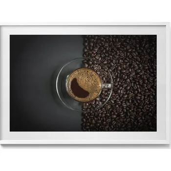 Obraz Dekorativní nástěnný obraz s bílým rámem a grafikou loft Káva a zrna, 100x70 cm