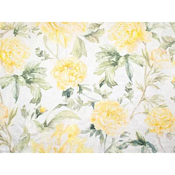 Snový svět VZOREK - Lněná látka žluté pivoňky 155g/m2
