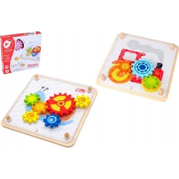 Dřevěná hračka Greatstore Dřevěné ozubené kolečka skládačka 14ks se šablonami v krabičce 23x22x4cm