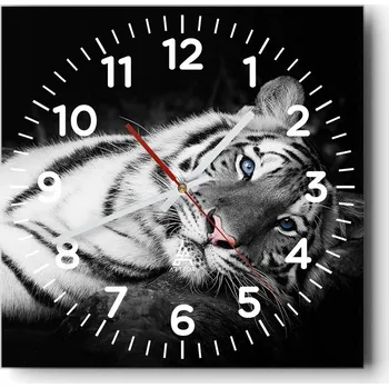 Hodiny Nástěnné hodiny do obýváku 40x40 Tygr Bílý Tiché Skleněné hodiny