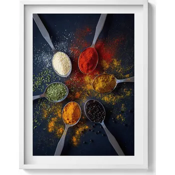 Obraz Nástěnný obraz bílý rám Lžíce s barevným kořením do kuchyně 60x80 cm