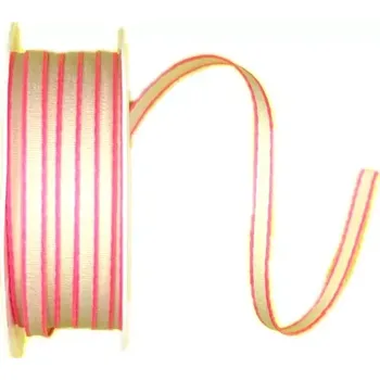 Stuha Stužka tenká PINK LINE krémová 5mm x 5m ( 2,- Kč/m) (Stuha látková, krémová s jasně růžovými okraji, oboulící)