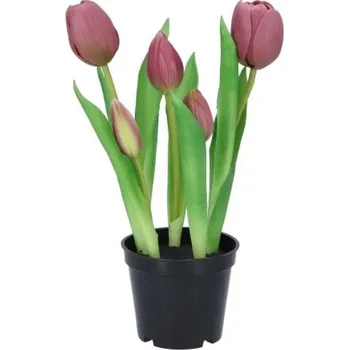 umělá květina 5ks světle fialový realistický tulipán Tulips v květináčku - Ø 8*7/ 26 cm