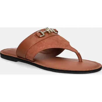 Dámské žabky Kožené žabky Tommy Hilfiger MIXED LEATHER HORSEBIT THONG dámské, hnědá barva, na plochém podpatku, FW0FW08506 88X, EUR 36