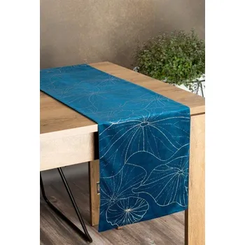 ubrus Modrý sametový běhoun na stůl BLINK18 s květinovým vzorem 35x180 cm