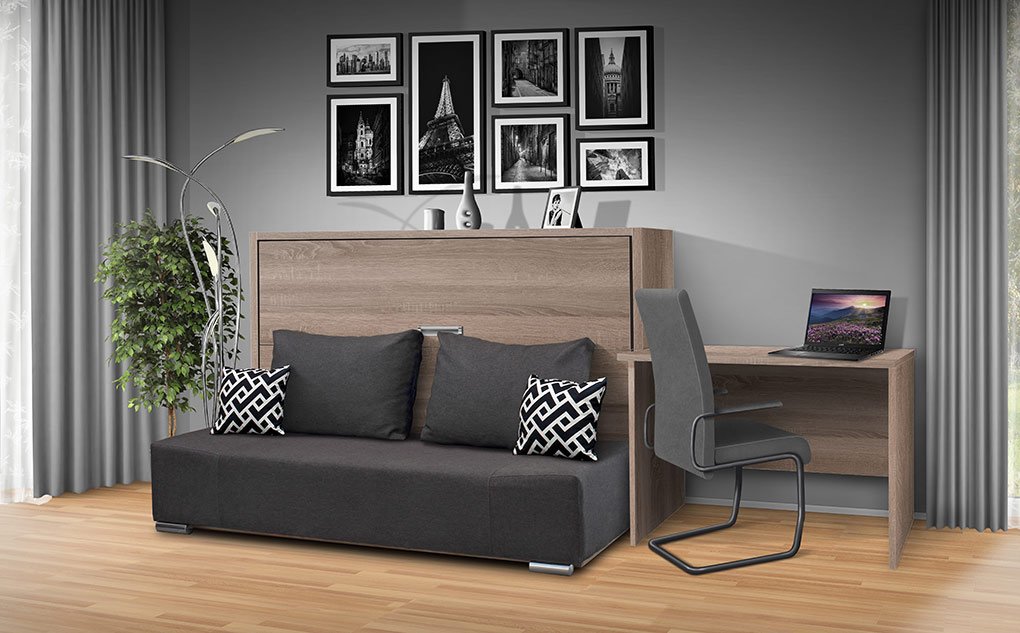 Nabytekmorava Sklápěcí postel s pohovkou VS1056, 200x90cm barevné kombinace: Dub sonoma tmavý / dveře dub sonoma tmavý, barva pohovky: Savana šedá