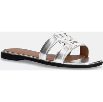 Dámské pantofle Kožené pantofle Tommy Hilfiger TH LOGO STRAP METALLIC MULE dámské, stříbrná barva, FW0FW08676 SLV, EUR 36