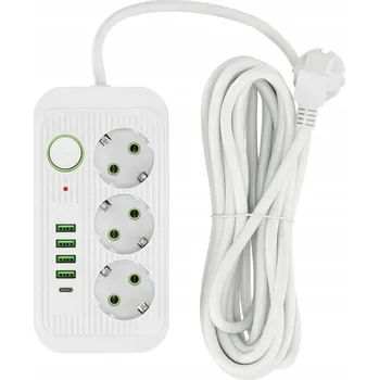 Napájecí kabel Prodlužovací Kabel ROZBOČKA 3 zásuvky 5m s uzemněním a vypínačem + 5x USB BÍLÁ