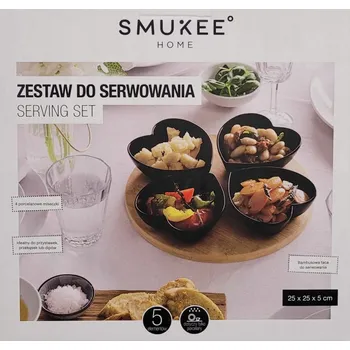 Sada porcelánových misek na dipy, omáčky a chuťovky na bambusovém prkénku