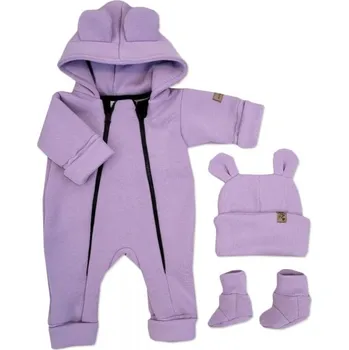 Dětský overall Oteplený dětský overal bez šlapek s kapucí, čepička + botičky, 3D, Kazum, lila, Velikost koj. oblečení 86 (12-18m)