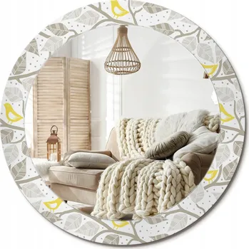 Zrcadlo Zrcadlo s ozdobným rámem s grafikou Žlutí ptáci na větvích Průměr 70 cm