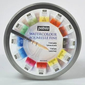Vodová barva Pébéo Studio Aquarelle 12 - Akvarelové barvy v kulaté etui 12 1/2 pánviček + štětec