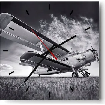 Hodiny Velké nástěnné hodiny na zeď 40x40 Letadlo Skleněné hodiny Čtvercové Tiché