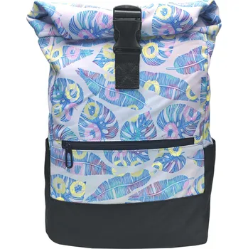 Městský batoh Černo-šedo-modrý dámský rolovací batoh s květinami Bellinda