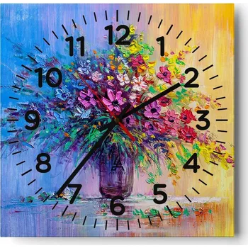 Hodiny Kuchyňské nástěnné hodiny 30x30 Květiny Váza Skleněné hodiny do obýváku Tiché