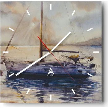 Hodiny Velké nástěnné hodiny na zeď 40x40 Plachetnice Skleněné hodiny Čtvercové Tiché